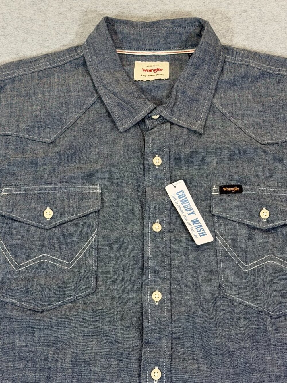 Wrangler Cowboy Wash Short Sleeve Western Button Up Shirt Blue Chambray XXL NWT